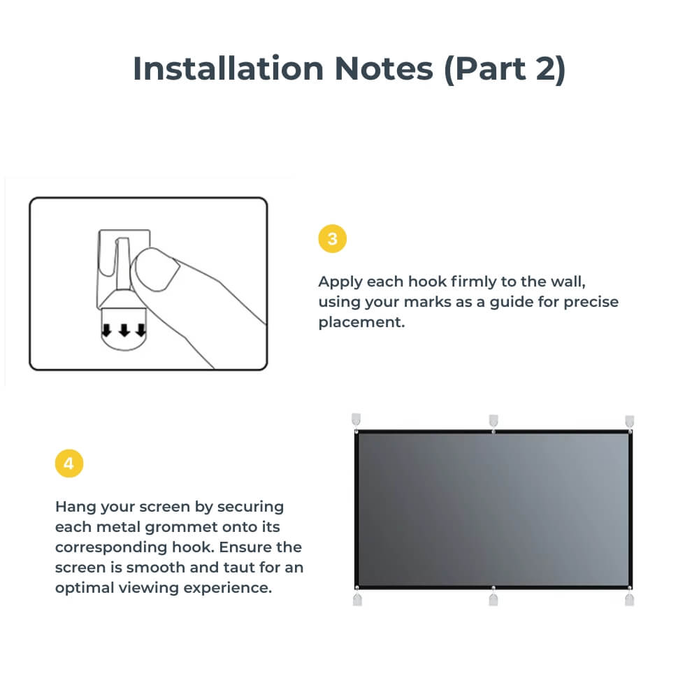 Instructional graphic from Installation Notes Part 2 demonstrating screen setup with step three showing a hand applying a wall hook and step four depicting a grey projection screen being hung using metal grommets to achieve a smooth and taut viewing experience