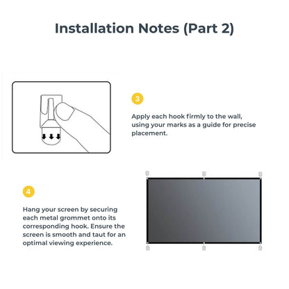 Instructional graphic from Installation Notes Part 2 demonstrating screen setup with step three showing a hand applying a wall hook and step four depicting a grey projection screen being hung using metal grommets to achieve a smooth and taut viewing experience