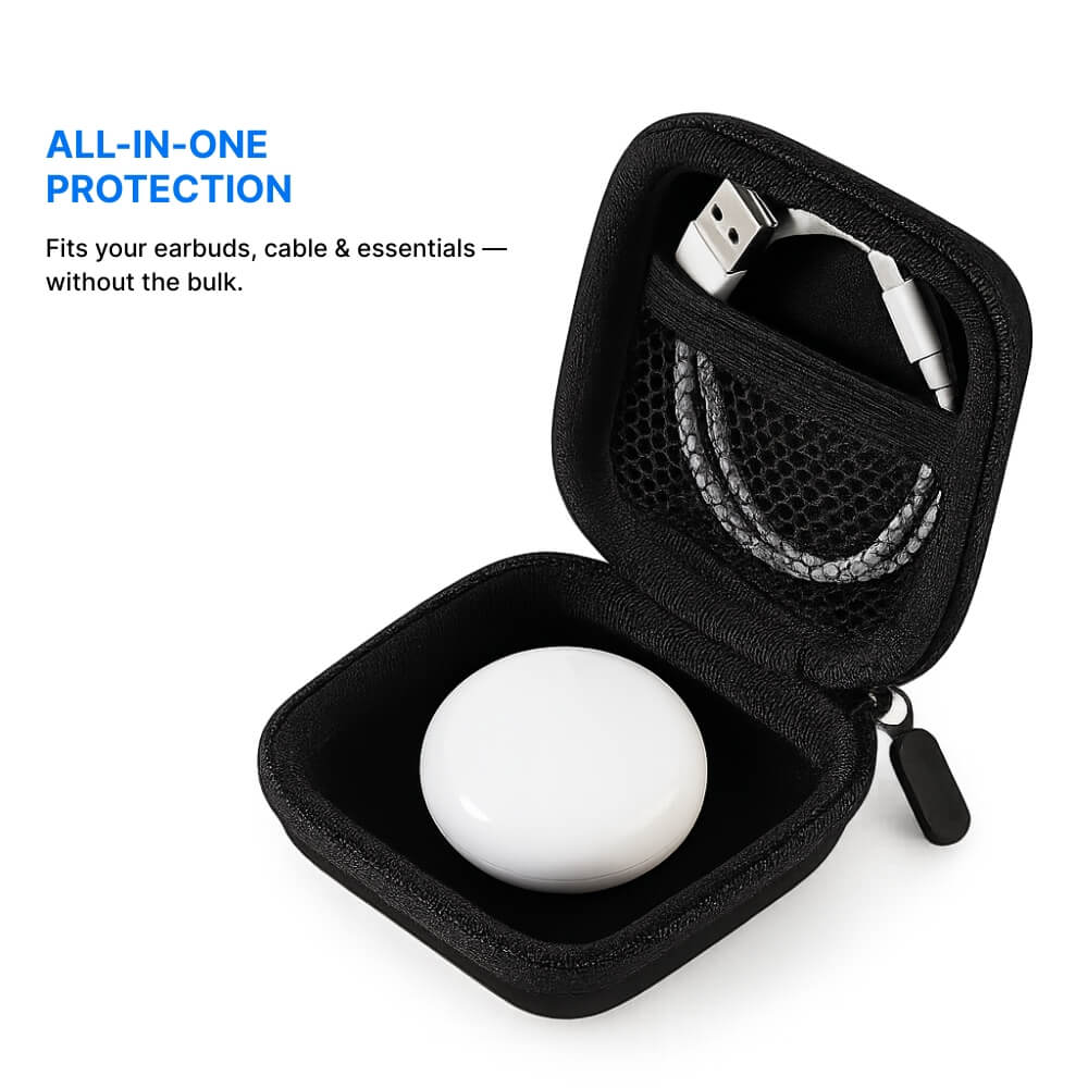 A black zippered protective travel case open on a white background showing a white earbud case and a braided gray charging cable in a mesh pocket