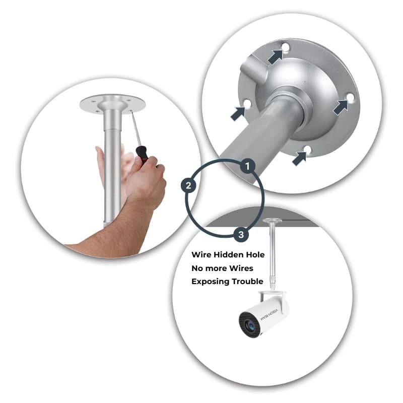 Product illustration demonstrating the step-by-step installation of a silver security camera ceiling mount, showing a hand with a screwdriver, screw points indicated by arrows, and a white VISIONBEAM camera with a hidden wire hole feature for a clean setup