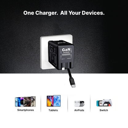 Digital advertisement showing a black GaN charger plugged into a white wall outlet with a connected USB-C cable, featuring "GaN CHARGER" text, the headline "One Charger. All Your Devices", and product icons for smartphones, tablets, AirPods, and Switch