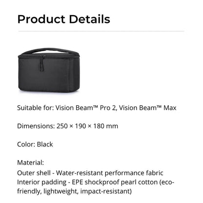 Product details for a black carrying case featuring water-resistant performance fabric, EPE shockproof pearl cotton padding, and compatibility with Vision Beam Pro 2 and Max projectors
