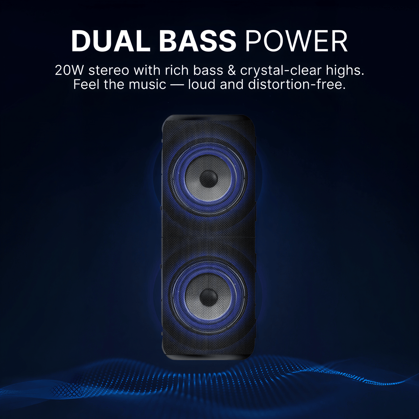 A portable speaker showcasing dual drivers with vibrant blue glowing rings and a textured black grille, positioned on an abstract dark blue background with glowing digital sound waves representing dual bass power