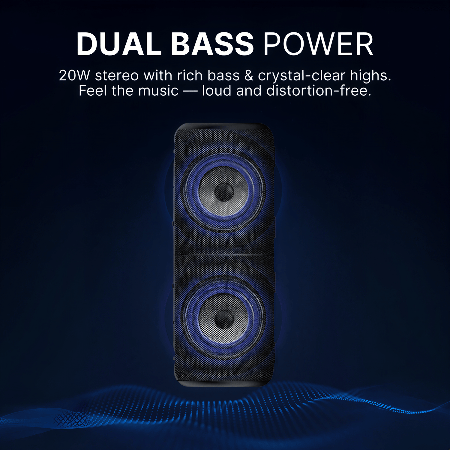A portable speaker showcasing dual drivers with vibrant blue glowing rings and a textured black grille, positioned on an abstract dark blue background with glowing digital sound waves representing dual bass power