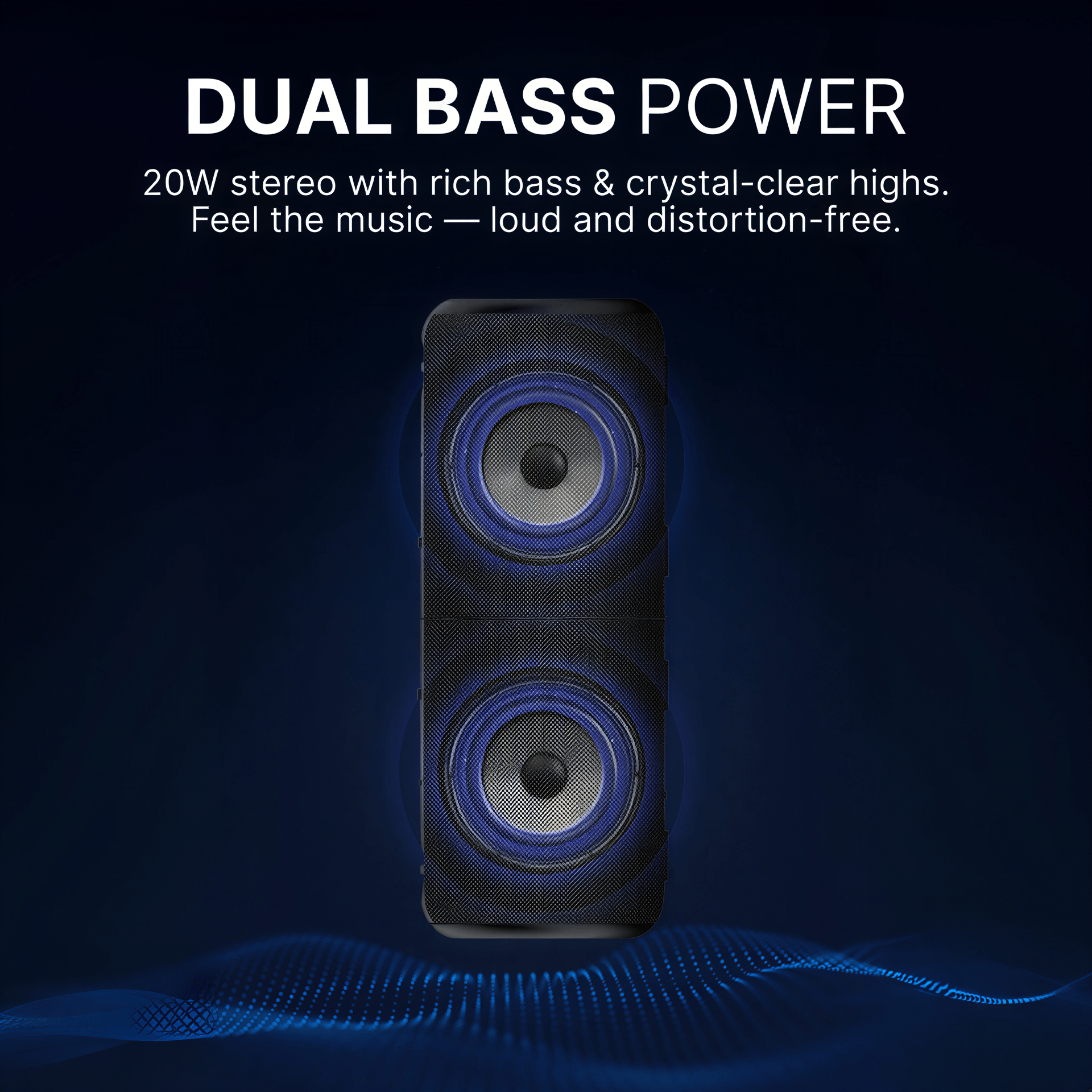 A portable speaker showcasing dual drivers with vibrant blue glowing rings and a textured black grille, positioned on an abstract dark blue background with glowing digital sound waves representing dual bass power