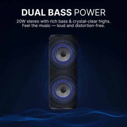 A portable speaker showcasing dual drivers with vibrant blue glowing rings and a textured black grille, positioned on an abstract dark blue background with glowing digital sound waves representing dual bass power