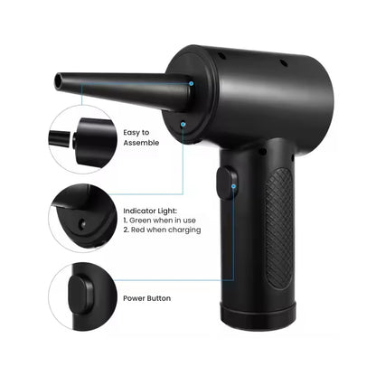 Black handheld cordless air duster showcasing its easy to assemble nozzle, a green and red indicator light, and a textured grip handle with a visible power button