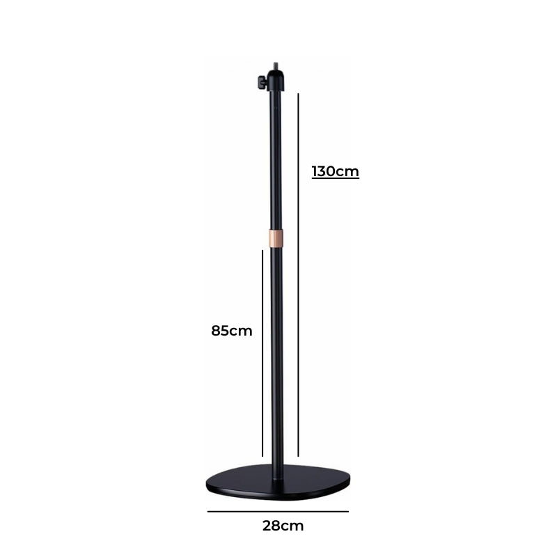 Black adjustable floor stand with a 130cm total height, an 85cm lower section, a 28cm wide rounded base, and a copper-colored accent ring