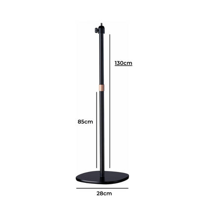 Black adjustable floor stand with a 130cm total height, an 85cm lower section, a 28cm wide rounded base, and a copper-colored accent ring