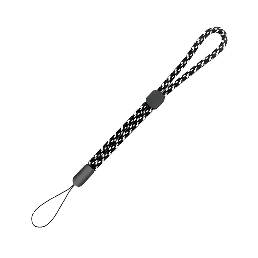 Digital photograph of a black and white zigzag braided wrist strap featuring a dark gray cord lock adjuster and a small attachment loop