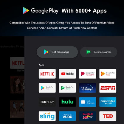 Digital screen interface showcasing the Google Play app selection with '5000+ Apps' prominently displayed, featuring vibrant icons for Netflix, YouTube, Disney+, and Hulu on a dark background