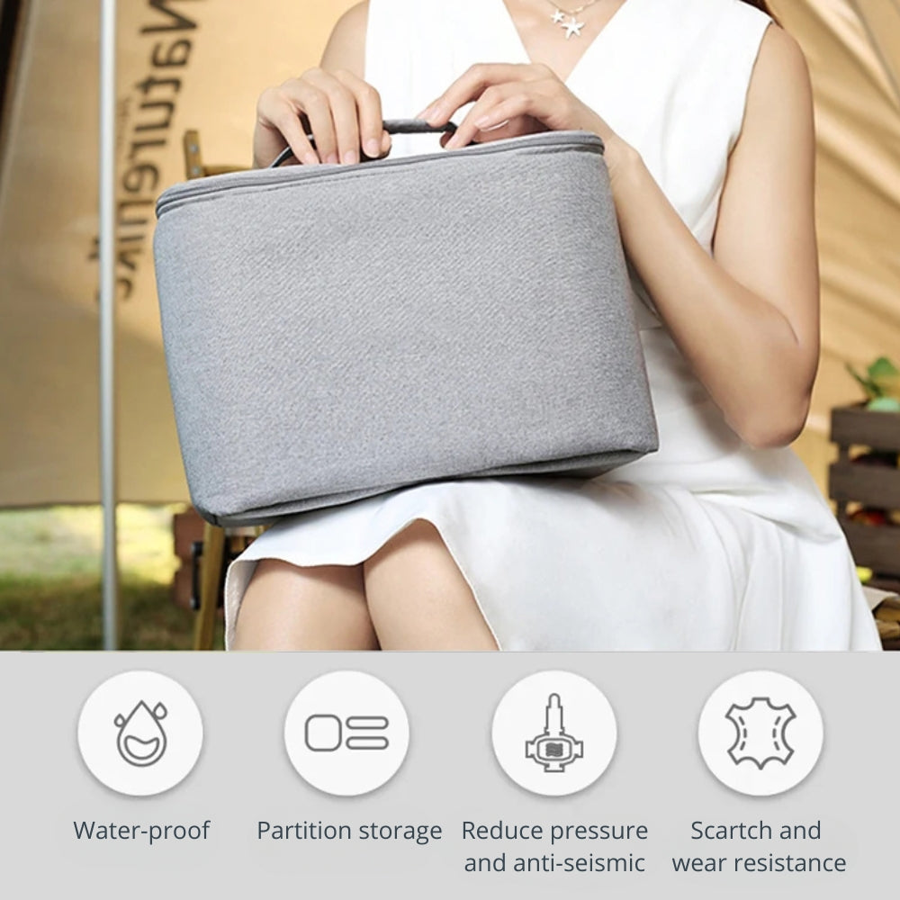 Product photograph of a woman in a white dress and star necklace holding a grey fabric portable storage bag outdoors, with feature icons below highlighting its water-proof and partition storage capabilities