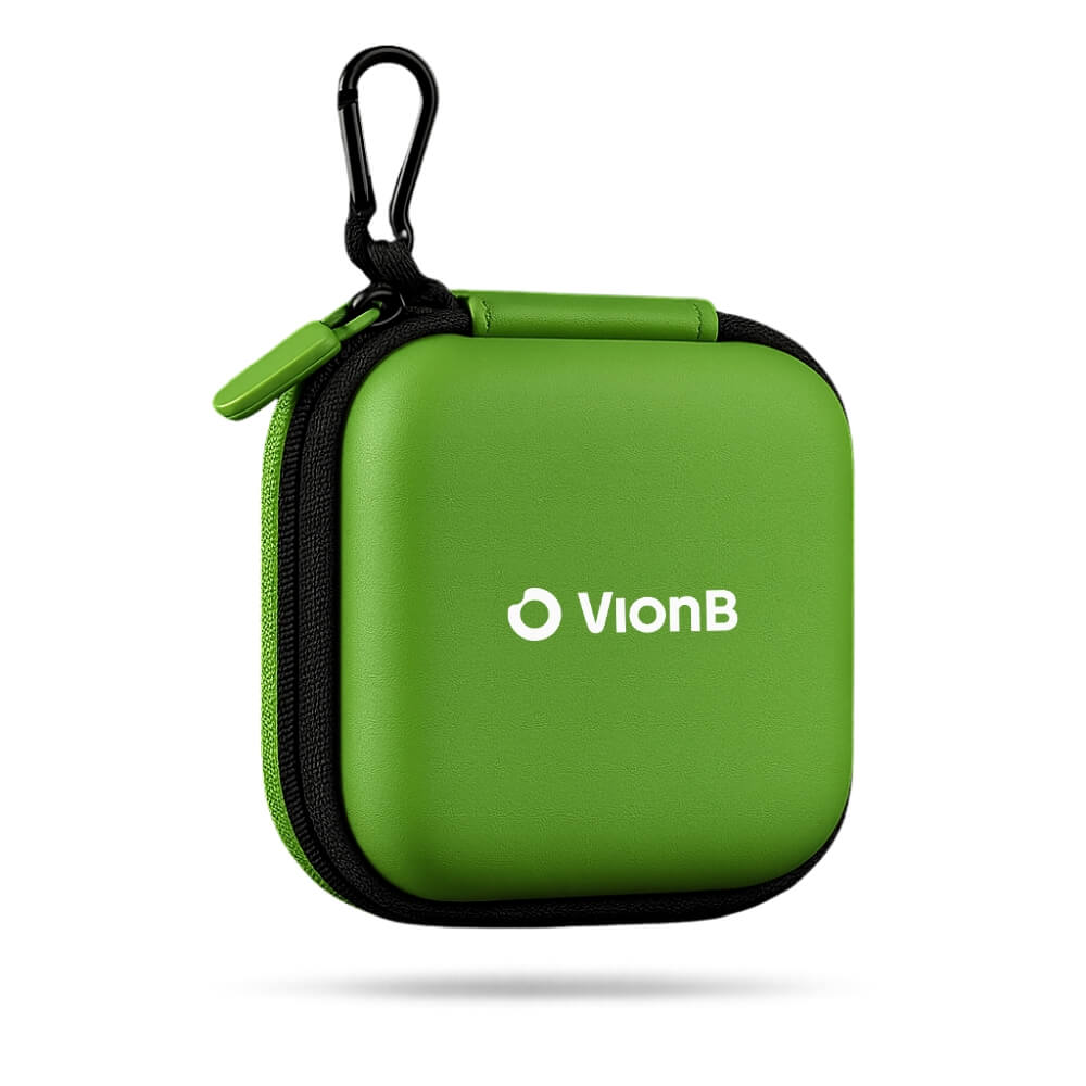 A vibrant lime green VionB hard-shell carrying case featuring a black carabiner clip and a black zipper with a matching green pull tab