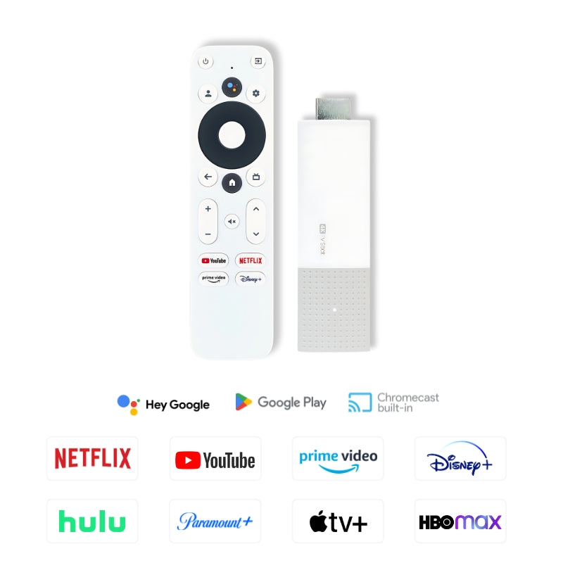 A white smart TV remote featuring dedicated YouTube and Netflix buttons alongside a white 4K TV stick with a textured gray bottom, presented with logos for streaming services including Prime Video, Disney+, Hulu, Paramount+, Apple TV+, HBO Max, Hey Google, and Chromecast built-in