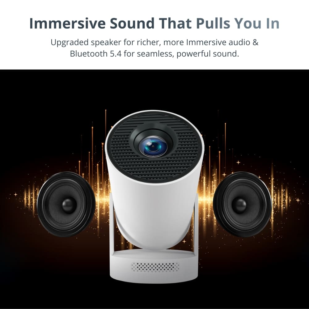 Product image showing a white cylindrical smart projector with a blue lens and black grill, flanked by two black floating speakers, set against a dark background with golden sound wave light effects and promotional text for immersive sound and Bluetooth 5.4