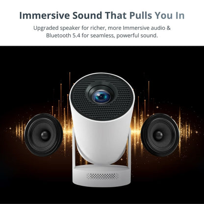 Product image showing a white cylindrical smart projector with a blue lens and black grill, flanked by two black floating speakers, set against a dark background with golden sound wave light effects and promotional text for immersive sound and Bluetooth 5.4