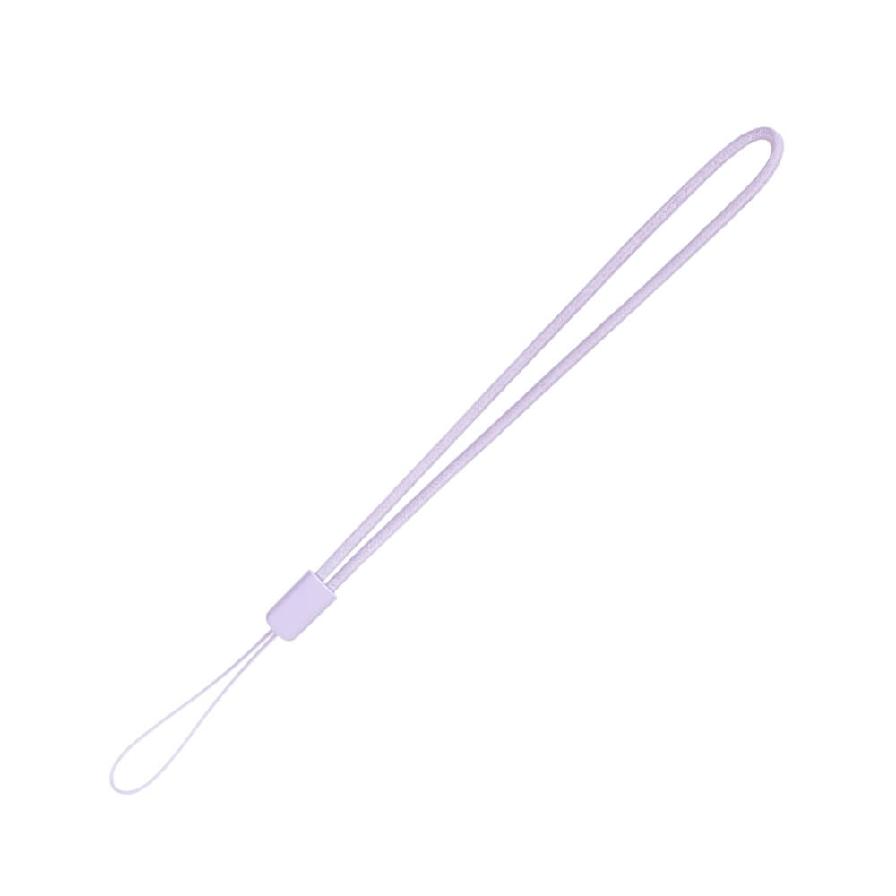 A light purple lavender fabric wrist strap with a small plastic connector and a thin attachment loop on a white background
