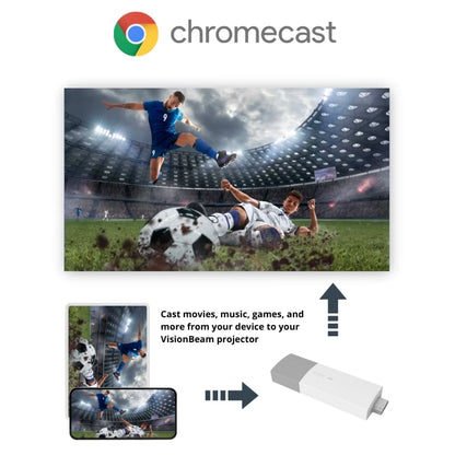 Digital advertisement for Chromecast showcasing a dynamic soccer match in a large stadium with bright floodlights, featuring a player in a blue jersey number nine mid-air kicking a muddy ball past another player in white on the ground, with the colorful Chromecast logo and a white streaming dongle visible