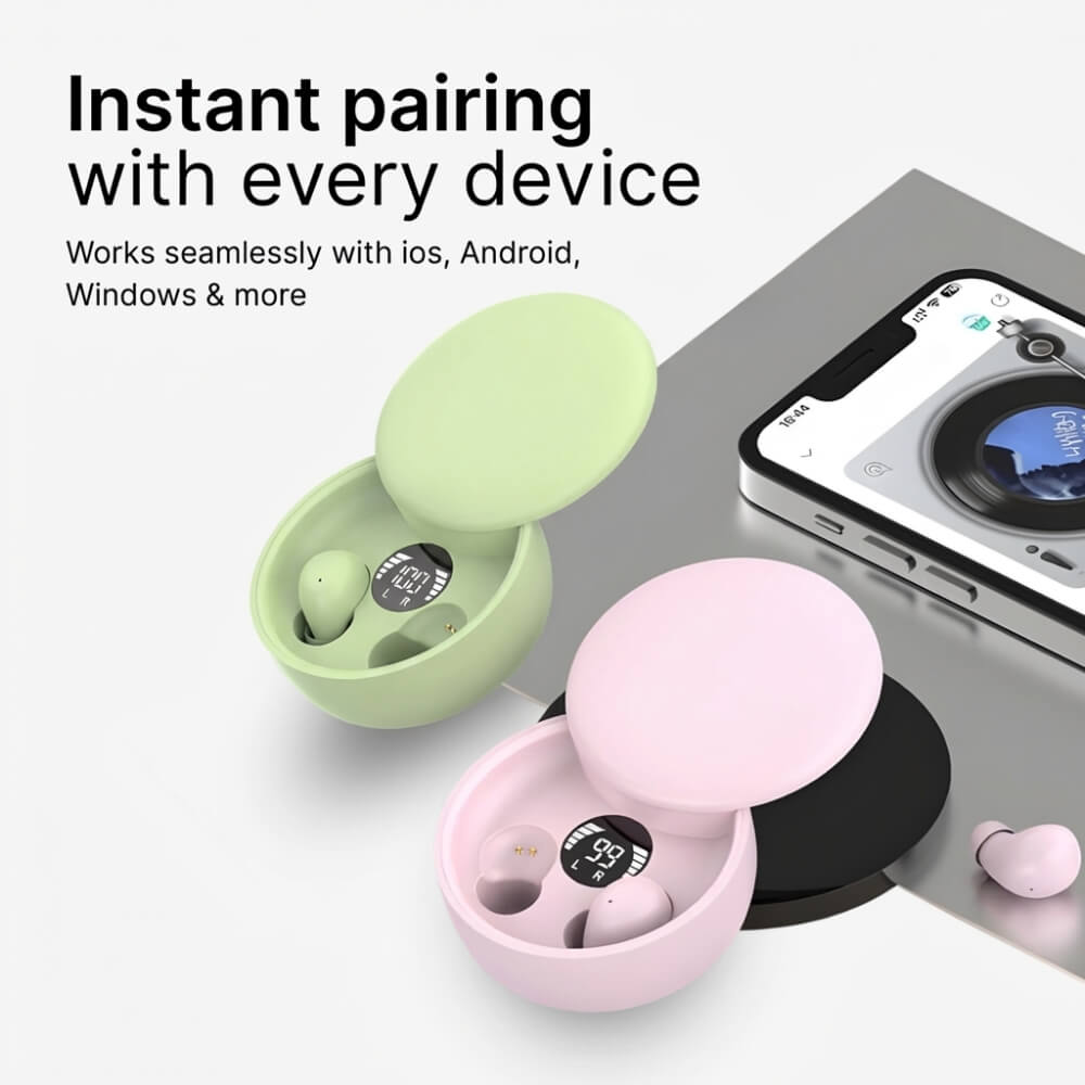 Digital photography, Product advertisement of two open wireless earbud charging cases in pastel green and pink displaying digital battery levels 100% and 99%, positioned next to a black smartphone showing a music player interface and overlaid with promotional text about instant device pairing