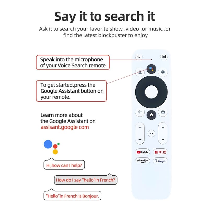 A technical diagram illustrating Google Assistant voice search functionality on a white TV remote control, highlighting the microphone, multi-colored Assistant button, and prominent app buttons for YouTube, Netflix, Prime Video, and Disney+ with conversational text examples