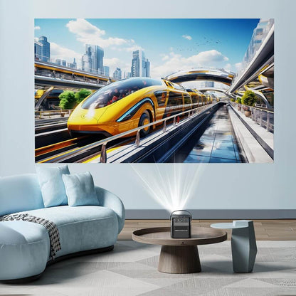 Lifestyle photograph, a sleek black home projector on a round wooden coffee table illuminates a wall with a vibrant digital image of a futuristic bright yellow high-speed train with blue accents speeding through a gleaming city skyline, next to a curved light blue sofa in a modern living room
