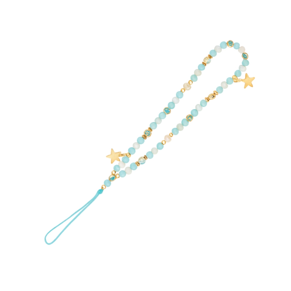 Beaded phone strap featuring a mix of light blue and white beads accented with gold spacers and two prominent gold star charms on a turquoise loop