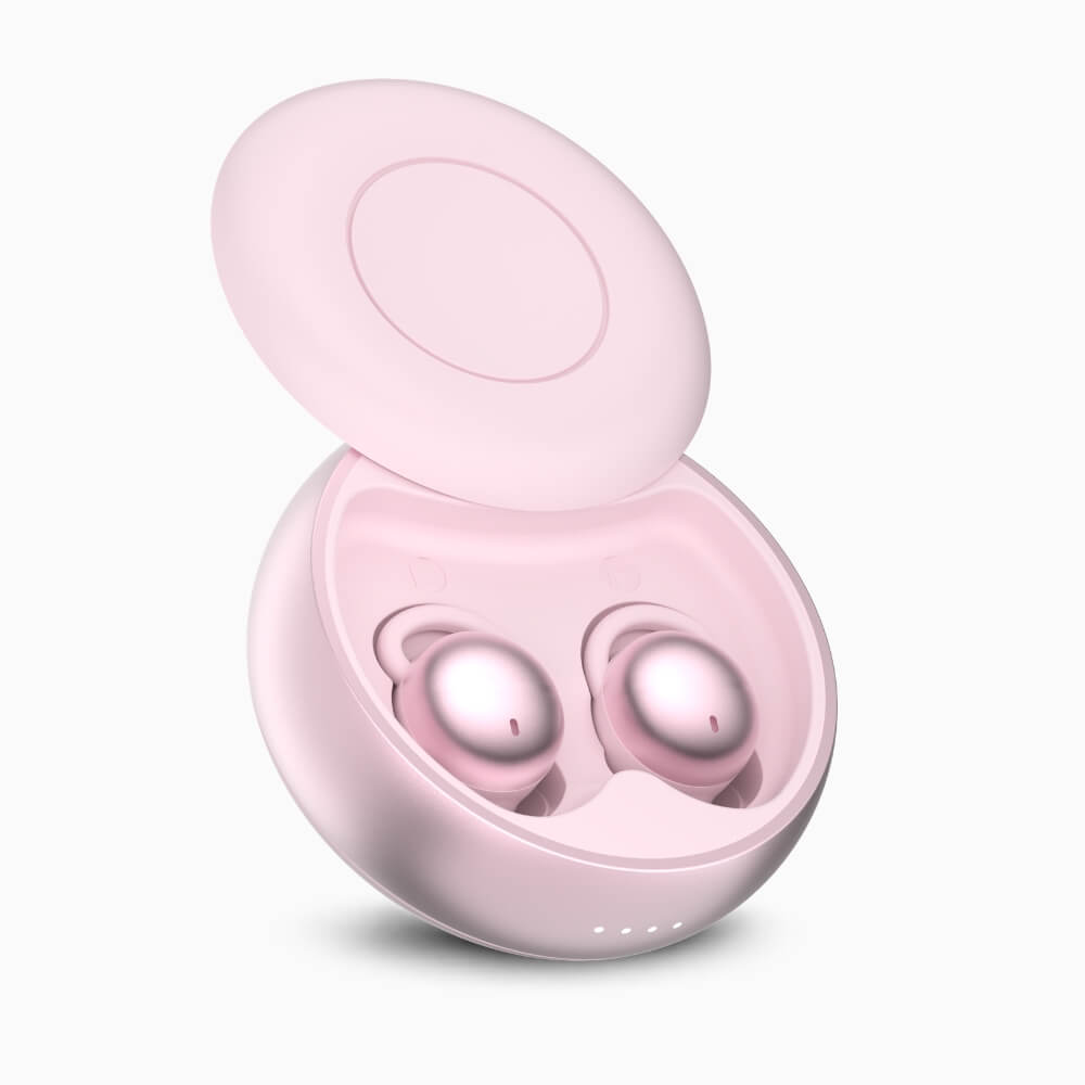ViSound™ Hush sleep earbuds in a round pink charging case, with two earbuds visible inside.