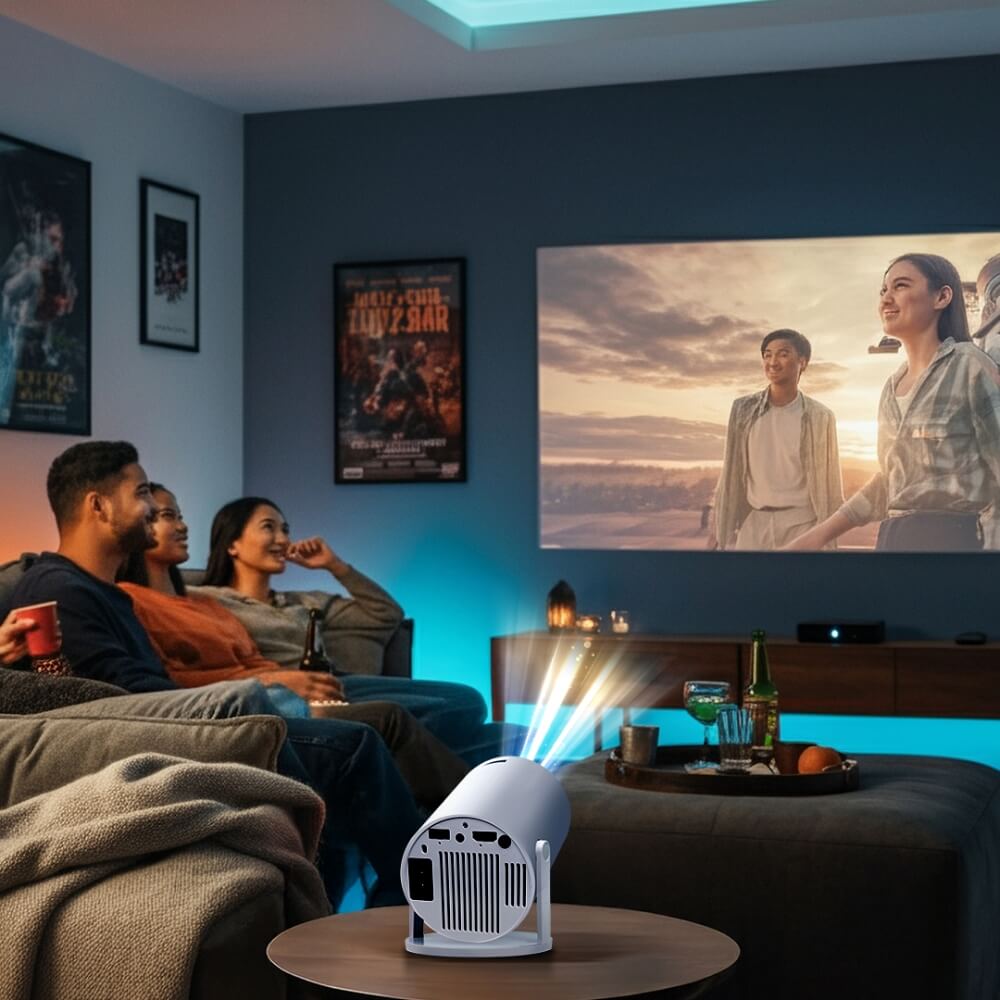 Photograph of three friends watching a movie on a screen projected by a white portable projector in a modern living room, with dynamic blue and orange accent lighting and movie posters