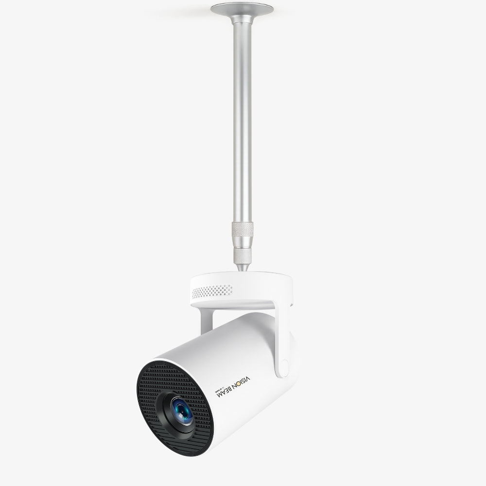 Product image of a white ceiling-mounted Vision Beam projector on a silver suspension pole showcasing a black textured front with a prominent blue lens