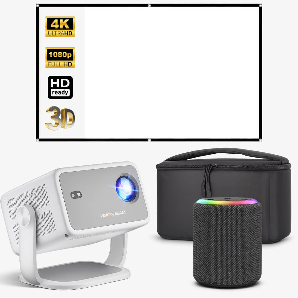 A comprehensive home theater projector bundle featuring a white Vision Beam projector with a bright blue lens glow, a black mesh smart speaker topped with a vibrant rainbow LED light, a black carrying case, and a white projector screen illustrating 4K, 1080p, and 3D capabilities