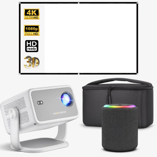 A comprehensive home theater projector bundle featuring a white Vision Beam projector with a bright blue lens glow, a black mesh smart speaker topped with a vibrant rainbow LED light, a black carrying case, and a white projector screen illustrating 4K, 1080p, and 3D capabilities