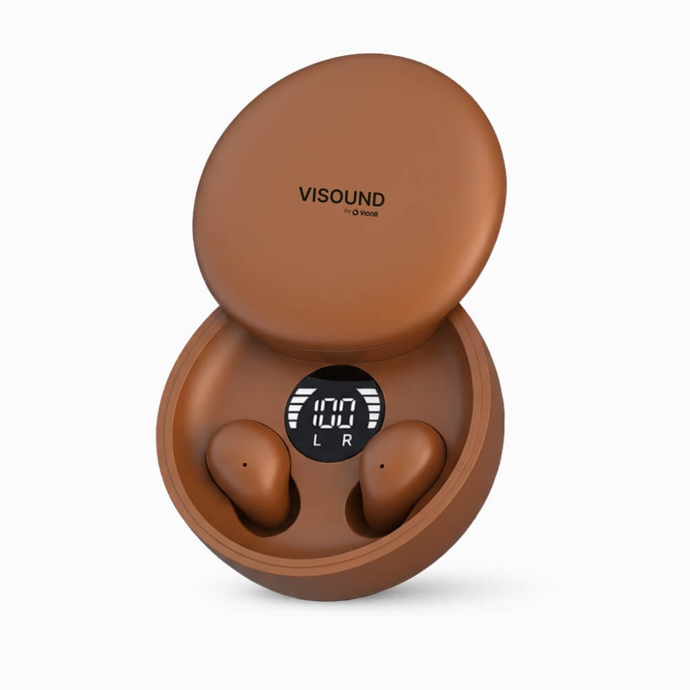 ViSound™ Air ultra-light earbuds in a copper amber charging case with digital battery display.