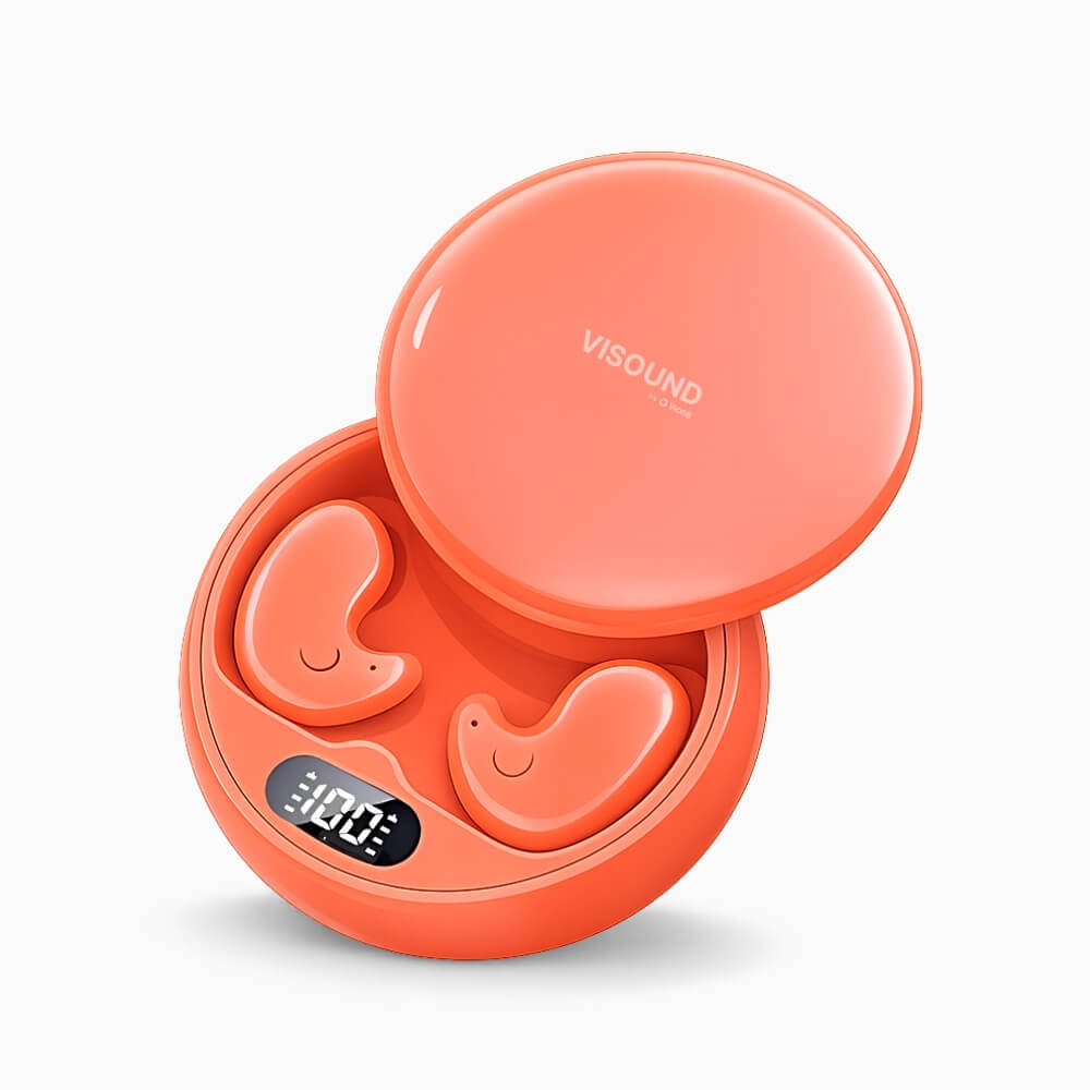 Orange Visound sleep earbuds in their open charging case on a white background, with the VISOUND logo visible on the lid, a digital display showing 100% charge, and two pebble-shaped earbuds with subtle smiling faces