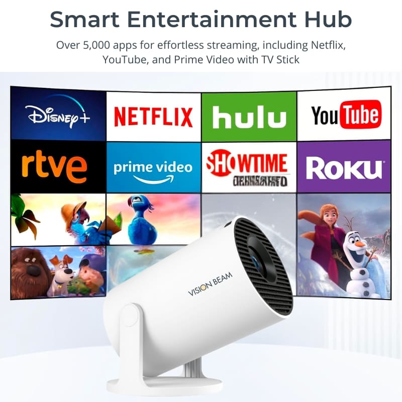 A sleek white VISION BEAM projector displays a bright grid of colorful streaming service logos including Disney+ Netflix and Hulu alongside animated movie stills from *The Secret Life of Pets* and *Frozen*