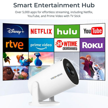 A sleek white VISION BEAM projector displays a bright grid of colorful streaming service logos including Disney+ Netflix and Hulu alongside animated movie stills from *The Secret Life of Pets* and *Frozen*