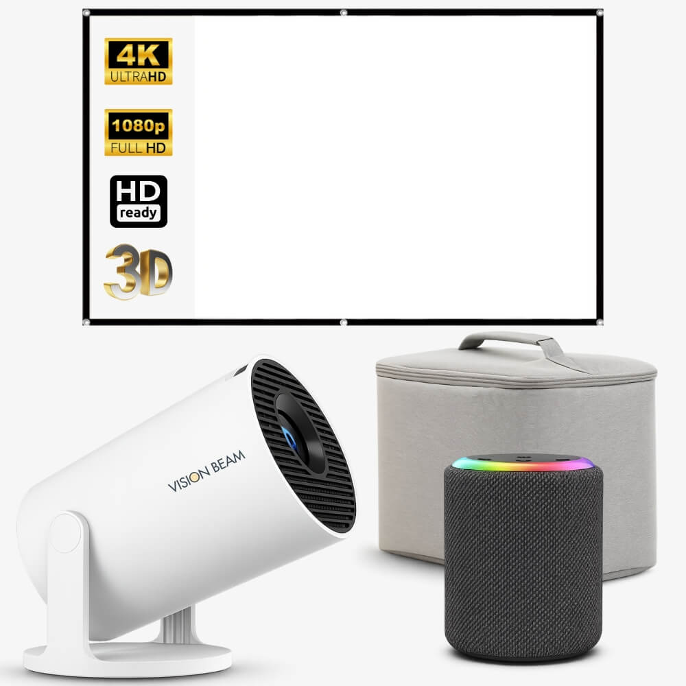 A home entertainment projection system featuring a white Vision Beam projector with a blue lens, a black speaker with a colorful rainbow LED top ring, a grey carrying case, and a white screen highlighting 4K UltraHD, 1080p Full HD, HD ready, and 3D capabilities