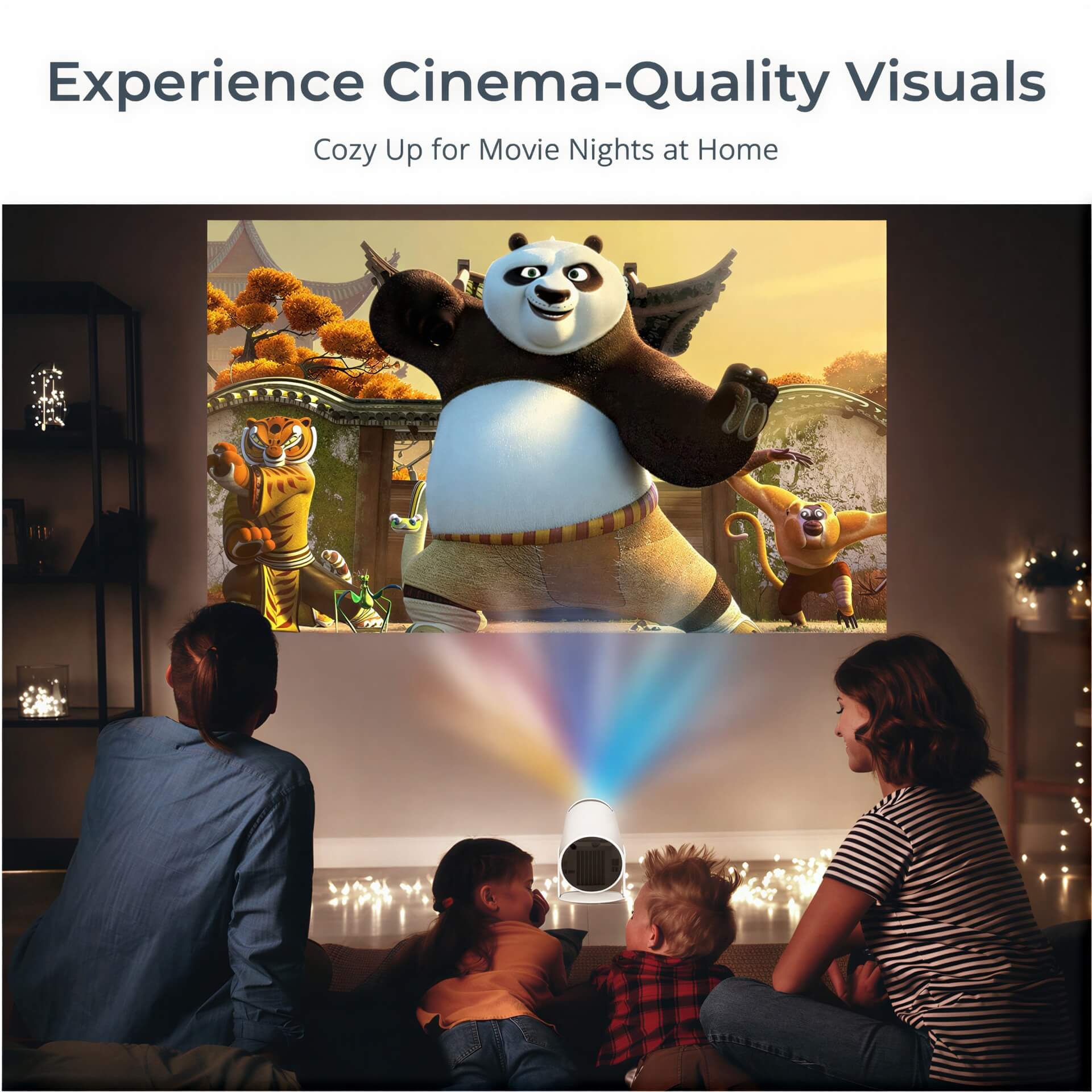 Digital projection of DreamWorks Animation's Kung Fu Panda featuring Po, Tigress, and Monkey against the backdrop of the Jade Palace architecture, shown on a large screen watched by a mother and three children in a cozy living room, illuminated by a white projector casting rainbow light beams and twinkling fairy lights