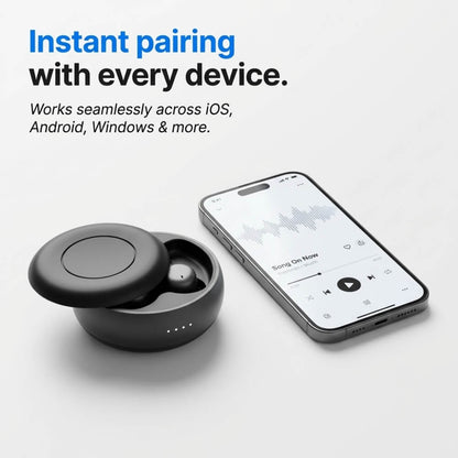 ViSound™ Hush sleep earbuds in a black charging case next to a smartphone displaying a music app interface.