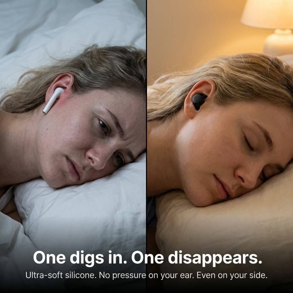 ViSound™ Hush sleep earbuds shown on a woman sleeping comfortably, contrasting with another woman looking uncomfortable wi...
