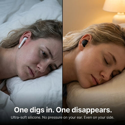 ViSound™ Hush sleep earbuds shown on a woman sleeping comfortably, contrasting with another woman looking uncomfortable wi...