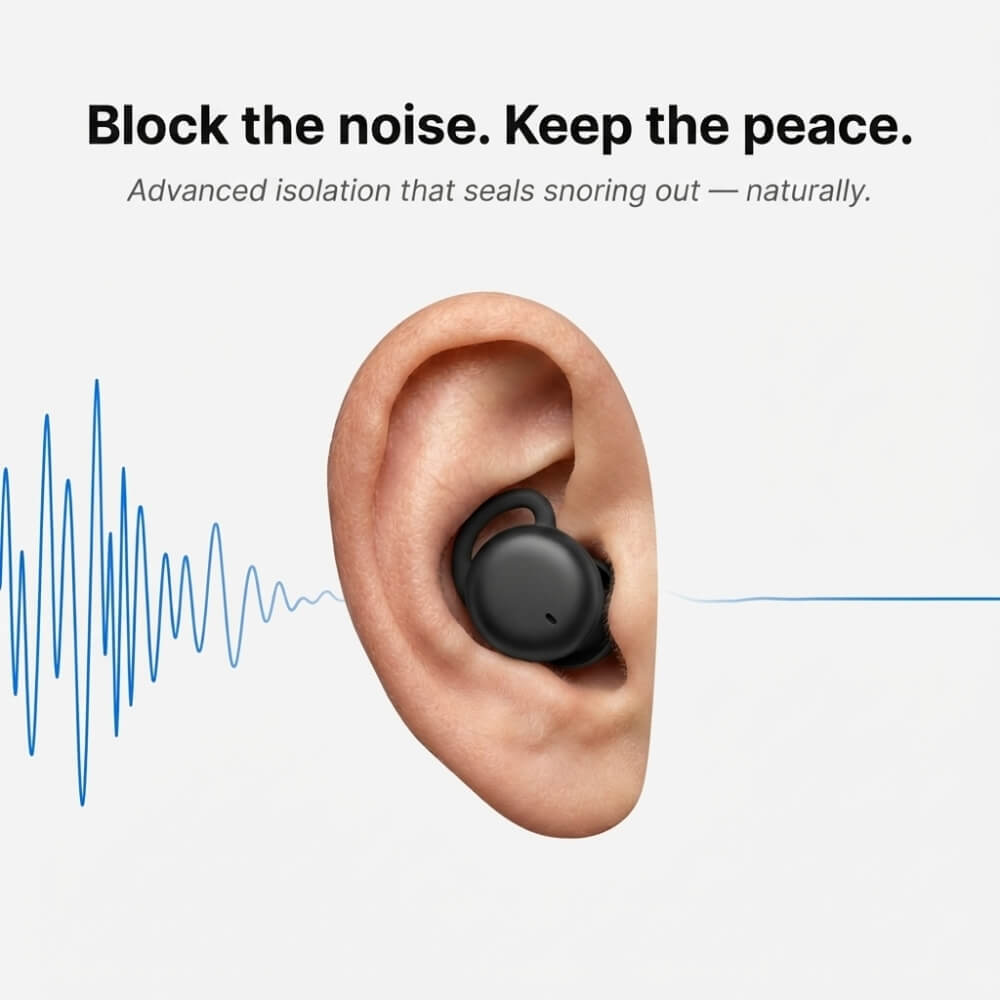 ViSound™ Hush sleep earbuds fitted in a human ear, with sound wave illustration and text about noise blocking.