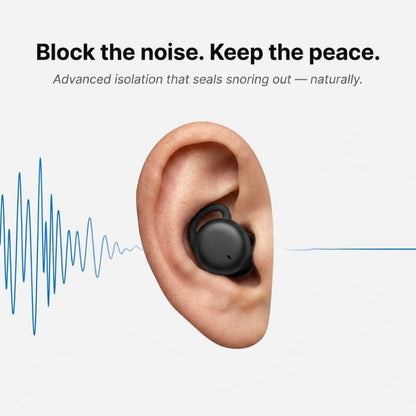 ViSound™ Hush sleep earbuds fitted in a human ear, with sound wave illustration and text about noise blocking.
