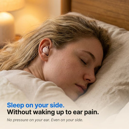 ViSound™ Hush sleep earbuds worn by a woman sleeping on her side in a cozy bedroom setting.