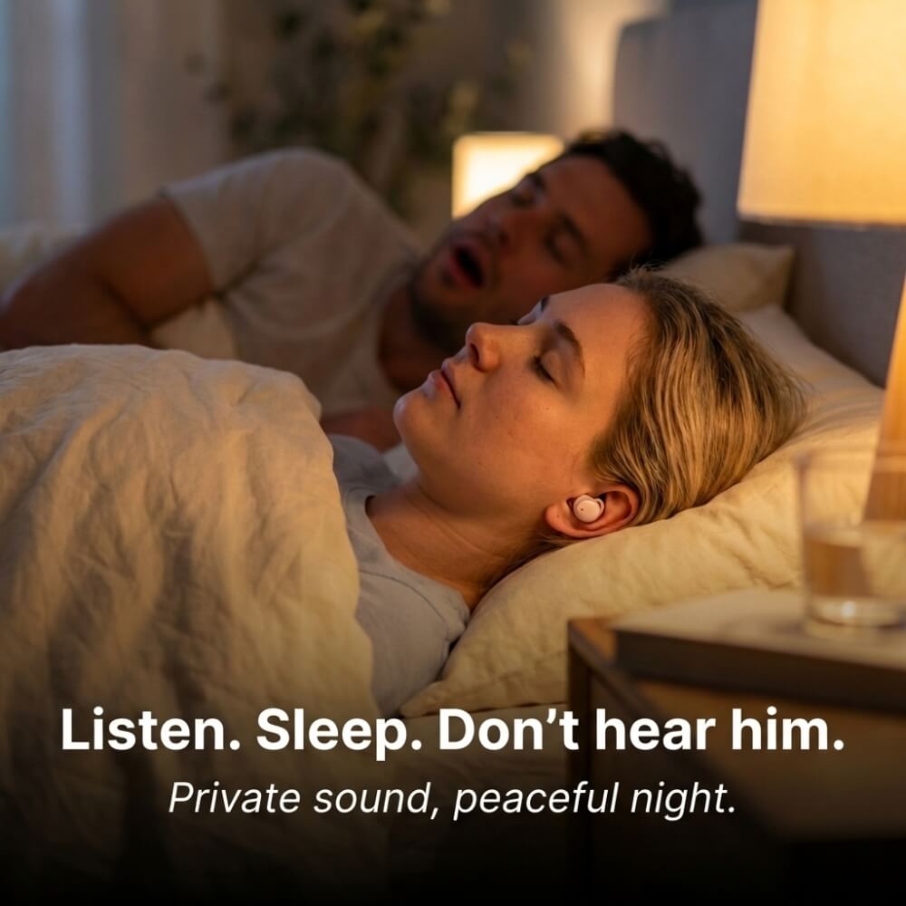ViSound™ Hush sleep earbuds worn by a woman in bed, while a man snores beside her in a softly lit room.