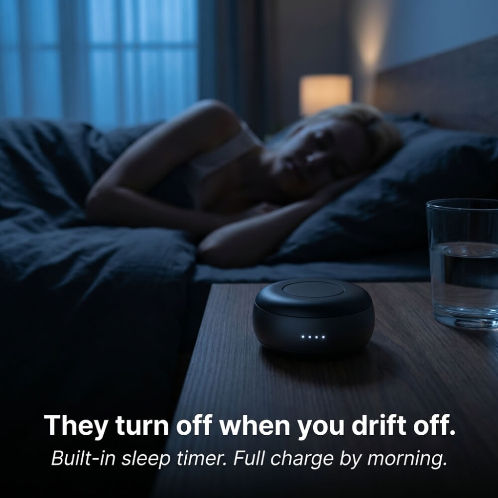 ViSound™ Hush sleep earbuds on a bedside table next to a glass of water, with a person sleeping in the background.