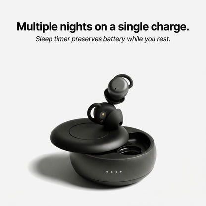 ViSound™ Hush sleep earbuds in a black charging case with three LED battery indicators.