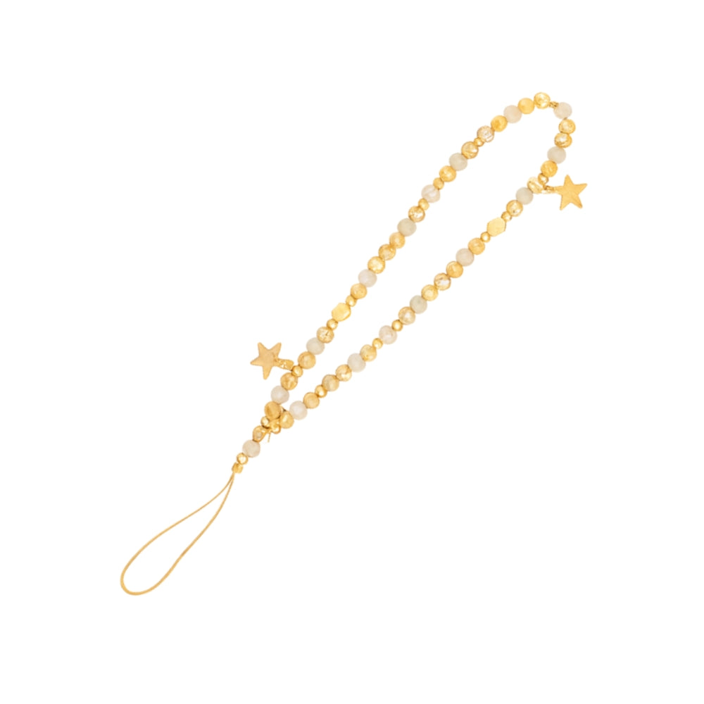 Gold and cream beaded phone strap featuring three star charms and a delicate attachment loop