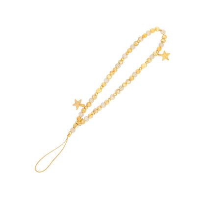 Gold and cream beaded phone strap featuring three star charms and a delicate attachment loop