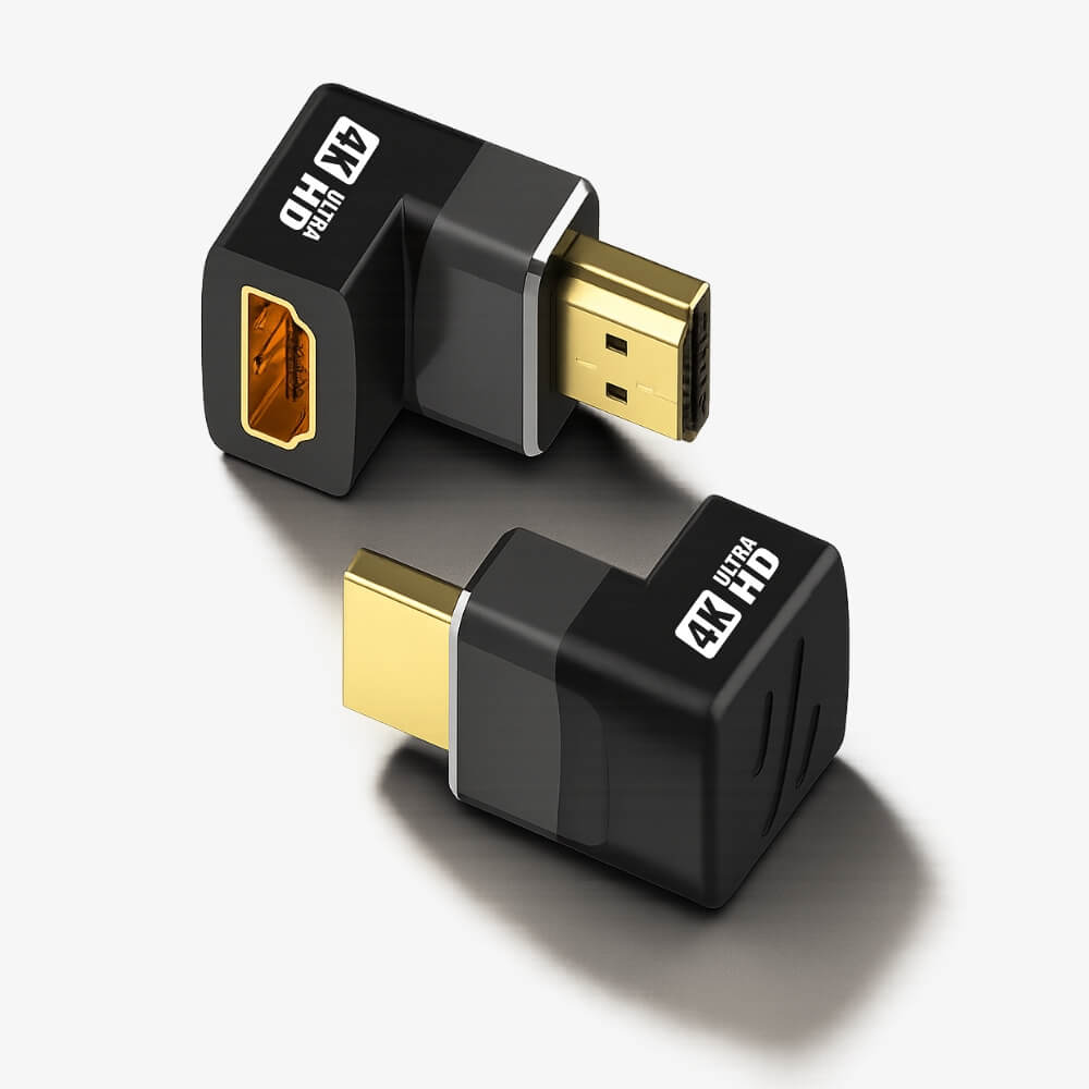 Product photograph of two black L-shaped HDMI adapters with gold-plated connectors and white ULTRA 4K HD text