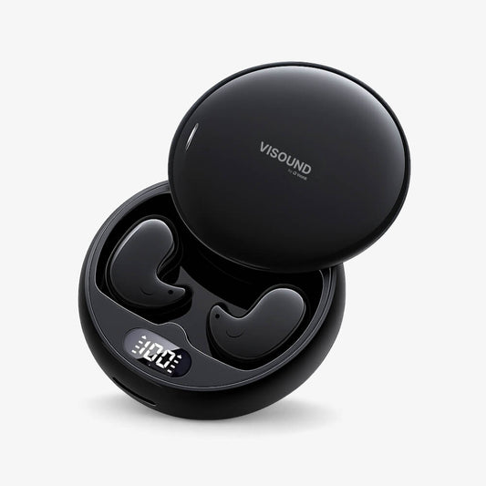 Visound by O Vrong wireless earbuds in an open black round charging case featuring two comma-shaped earpieces with subtle smiley faces and a digital "100" battery display against a clean white background